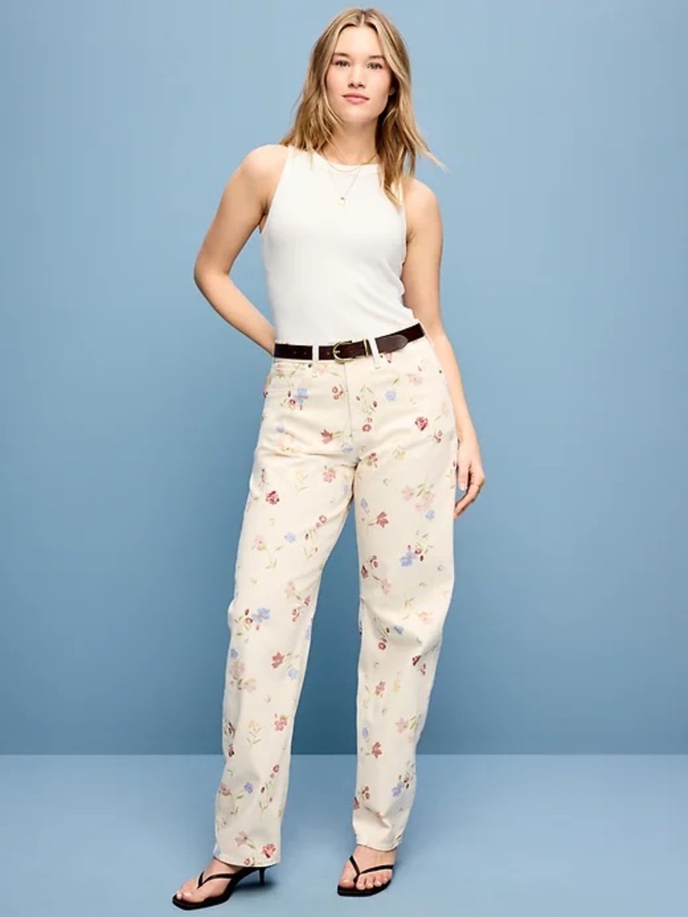 Old Navy High-Waisted Barrel Jeans Cream Floral Straight-Leg Pastel Blooms NWT